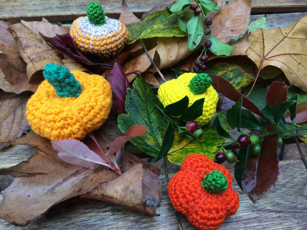 pumpkins made out of leftover yarn