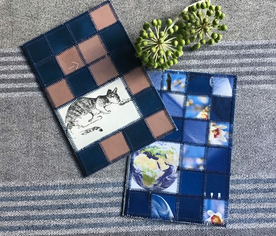 Paper patchwork cards with a cat and with the globe