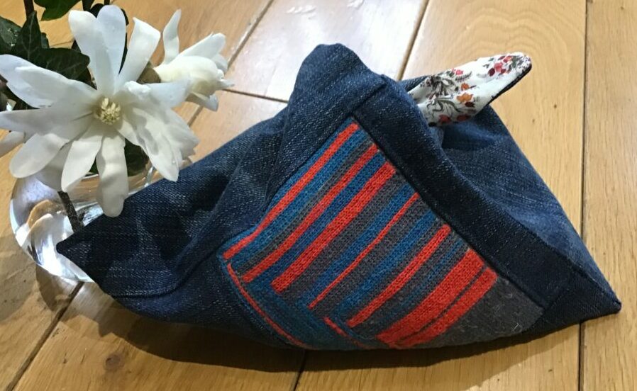 Knitting bag made out of old jeans and tambour embroidery