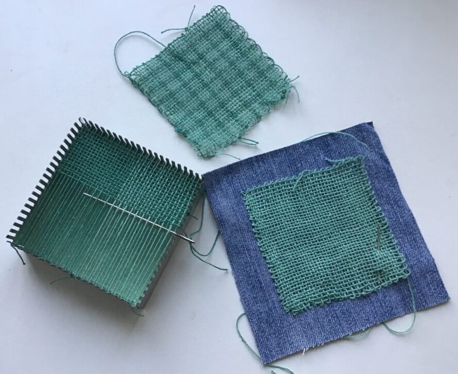 Different pattens made on a very small loom and later sewn onto a piece on jeans fabric